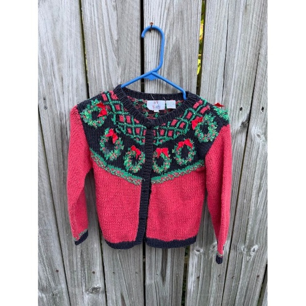 Christmas Holiday Vintage BT Kids Cardigan Large Red Wreath Bows Grandmacore